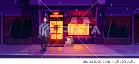 Night street cafe building exterior and cat in box 105550105