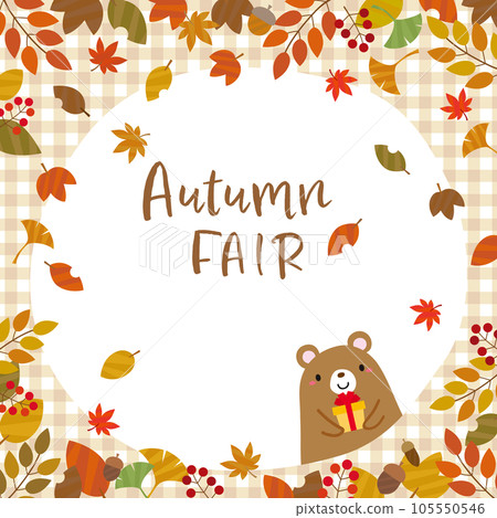 秋葉、堅果和熊的方形框架/方格布格子米色 105550546