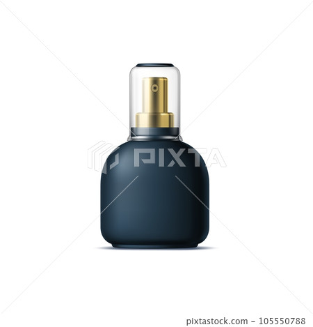 Realistic black cosmetics bottle, tube and plastic container. Sprayer flask, aerosol isolated 3d vector mockup. Pack for dispensing liquid makeup products like a lotion, micellar water or perfume 105550788