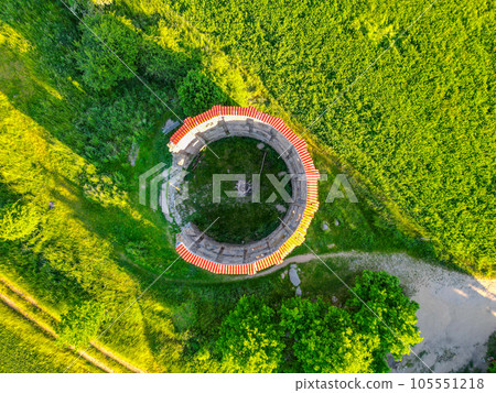 Ruins of old rural windmill in Pricovy near Sedlcany. The largest Dutch type mill. Czech Republic. Aerial view from drone. Ruins of old rural windmill in Pricovy near Sedlcany. The largest Dutch type mill. Czech Republic. Aerial view from drone. 105551218