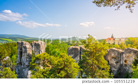 Bohemian Paradise, Czech: Cesky Raj, panorama. View of Hruba Skala Castle, Trosky Castle Ruins and sandstone rocks from Marianska Lookout on sunny summer day, Czech Republic 105551219