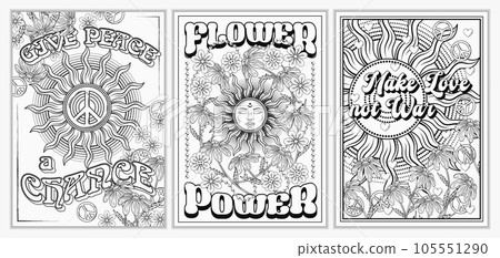 Set of groovy retro A4 posters with sun, sunbeams, chamomile flowers, peace sign, text. Peaceful antiwar concept. Bright summer vintage illustration. 105551290