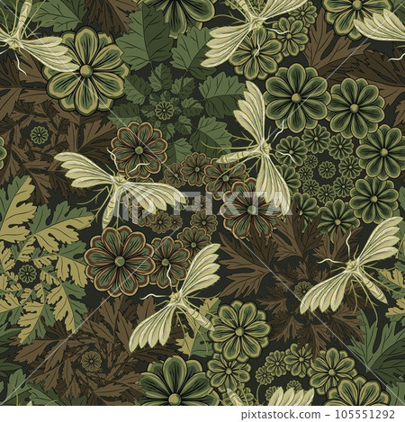 Seamless khaki green camouflage pattern with nature elements, chamomile flower, moth, butterfly, forest leaves. Fractal, spiral, funnel shapes with elements. For apparel, fabric, textile, sport goods Seamless khaki green camouflage pattern with nature elements, chamomile flower, moth, butterfly, forest leaves. Fractal, spiral, funnel shapes with elements. For apparel, fabric, textile, sport goods 105551292