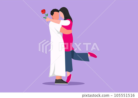 Graphic flat design drawing Arabian boy giving rose flower to girl. Man in love giving flowers. Happy couple getting ready for wedding. Engagement and love relation. Cartoon style vector illustration 105551516