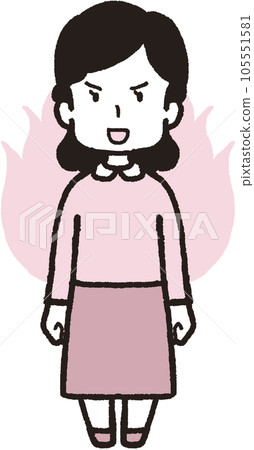 Full body illustration of a woman with a fearless smile facing the front with flames rising behind her 105551581
