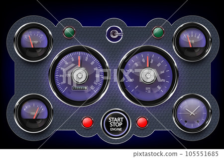 Dashboard from retro car with blue glow. 105551685
