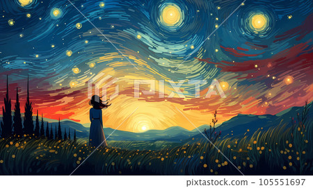 Hand-painted beautiful girl illustration under the starry sky Hand-painted beautiful girl illustration under the starry sky 105551697