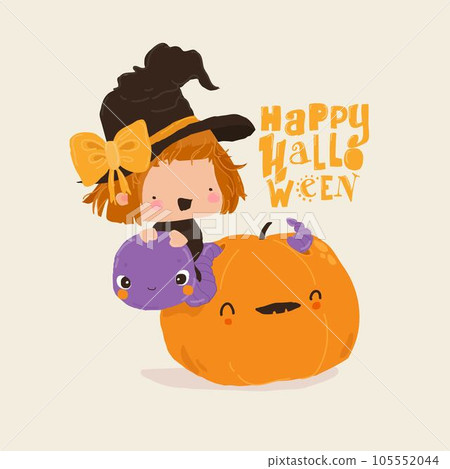 Cute Halloween Witch sitting on Big Worm in Pumpkin 105552044