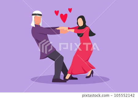 Graphic flat design drawing happy young man and beauty woman dancing on the floor at park. Romantic Arabian couple holding hands and spinning around at wedding party. Cartoon style vector illustration 105552142