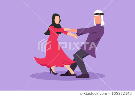 Character flat drawing happy handsome guy and pretty girl dancing on the floor at home. Romantic Arab couple holding hand and dance spinning around at wedding party. Cartoon design vector illustration Character flat drawing happy handsome guy and pretty girl dancing on the floor at home. Romantic Arab couple holding hand and dance spinning around at wedding party. Cartoon design vector illustration 105552143