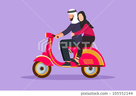 Cartoon flat style drawing romantic Arab couple riding motorcycle. Man driving scooter and woman passenger while hugging. Driving around city. Drive safely concept. Graphic design vector illustration Cartoon flat style drawing romantic Arab couple riding motorcycle. Man driving scooter and woman passenger while hugging. Driving around city. Drive safely concept. Graphic design vector illustration 105552144