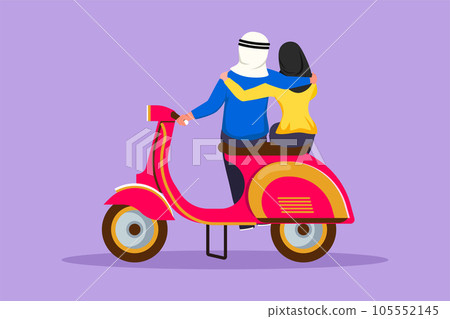 Character flat drawing back view of riders couple trip travel relax. Romantic Arab couple honeymoon moments with hugging. Man with woman riding scooter motorcycle. Cartoon design vector illustration Character flat drawing back view of riders couple trip travel relax. Romantic Arab couple honeymoon moments with hugging. Man with woman riding scooter motorcycle. Cartoon design vector illustration 105552145