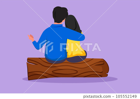 Graphic flat design drawing embracing romantic couple sitting on wooden log at park. Happy family. Couple in relationship in love. Arabian man hugging partner woman. Cartoon style vector illustration 105552149
