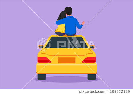 Cartoon flat style drawing back view of loving romantic Arabian couple sitting on top of car. Happy couple getting ready for wedding. Engagement and love relations. Graphic design vector illustration Cartoon flat style drawing back view of loving romantic Arabian couple sitting on top of car. Happy couple getting ready for wedding. Engagement and love relations. Graphic design vector illustration 105552159