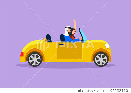 Character flat drawing cute elegant couple on road trip in vintage retro car. Happy man and beautiful woman in vehicle. Married romantic Arabian couple relationship. Cartoon design vector illustration 105552160