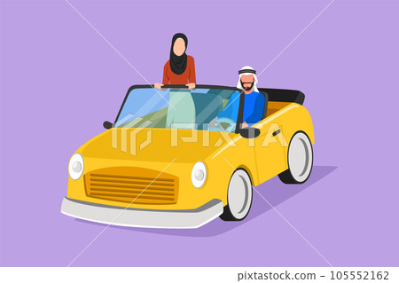 Cartoon flat style drawing happy couple riding car going on road trip. Romantic man and woman driving in cabriolet car travel around city. Arab couple on vacation. Graphic design vector illustration Cartoon flat style drawing happy couple riding car going on road trip. Romantic man and woman driving in cabriolet car travel around city. Arab couple on vacation. Graphic design vector illustration 105552162