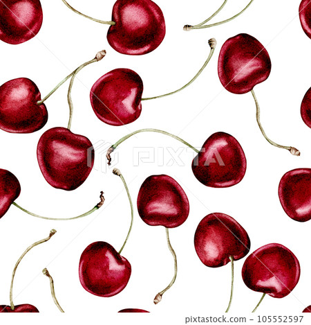 Watercolor illustration of a seamless pattern with a berry cherry with twigs on a light background. Endless repeating print background. For fabric, textiles, clothing, prints, wallpaper, posters 105552597