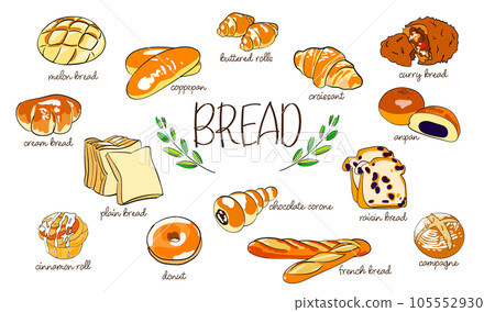 Cute handwritten illustration set of bread (with name) Cute handwritten illustration set of bread (with name) 105552930