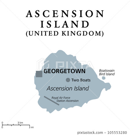 Ascension Island, gray political map. Tropical island and British Overseas Territory in the South Atlantic Ocean, with capital Georgetown. Isolated, illustration on white background. Vector. 105553280