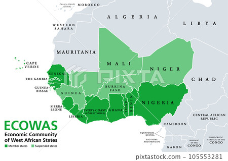 ECOWAS, Economic Community of West African States, member states, political map. Also known as CEDEAO, is a regional political and economic union of 15 countries in West Africa. Isolated illustration. 105553281