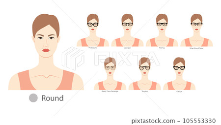 Set of types of glasses for Women round type faces fashion accessory illustration. Sunglass unisex silhouette style flat 105553330
