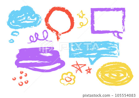 Set wax crayon, chalk doodle elements speech bubbles, lines, stars, marks hand drawn isolated on white background. Textured brush stroke, 105554083