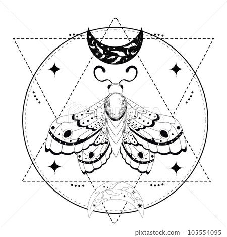 Magic mystic moth in doodle style, line art isolated, boho celestial esoteric symbol, tatoo or print 105554095