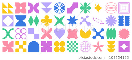 Big vector set of brutalist geometric shapes. Trendy abstract minimalist figures, stars, flowes, circles. Modern abstract graphic design elements.Vector 105554133