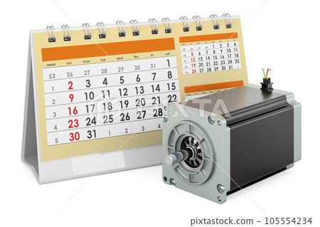 Stepper motor with desk calendar, 3D rendering 105554234