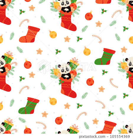Seamless pattern with cute animal panda in Christmas sock with gift, gingerbread and Christmas balls on white background. Vector illustration in flat cartoon style. Kids collection. Seamless pattern with cute animal panda in Christmas sock with gift, gingerbread and Christmas balls on white background. Vector illustration in flat cartoon style. Kids collection. 105554369
