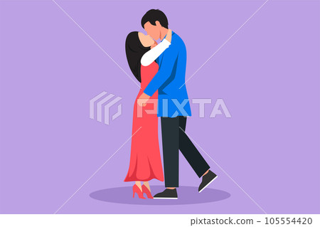 Cartoon flat style drawing Arab couple in romantic pose. Happy man kissing and hugging his beautiful partner woman at park. Intimacy celebrates wedding anniversary. Graphic design vector illustration 105554420