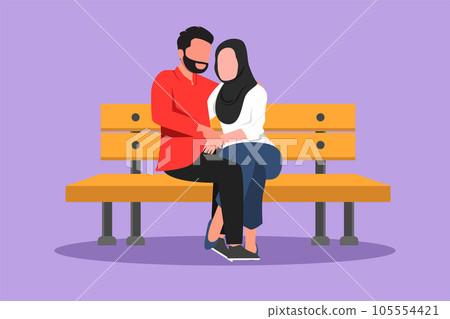 Graphic flat design drawing kissing couple. Happy man and woman face to face sitting on park bench and kissing each other. Romantic Arabian couple dating in spring. Cartoon style vector illustration 105554421