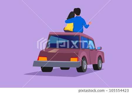 Cartoon flat style drawing lovers sitting and kissing each other on roof of car and look at romantic scenery. Arabian man and woman celebrating wedding anniversary. Graphic design vector illustration 105554423