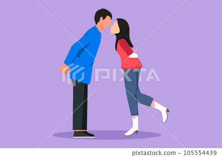 Cartoon flat style drawing young boy and pretty girl in love. Romantic Arabian couple lovers kissing each other. Happy man and woman celebrating wedding anniversary. Graphic design vector illustration 105554439