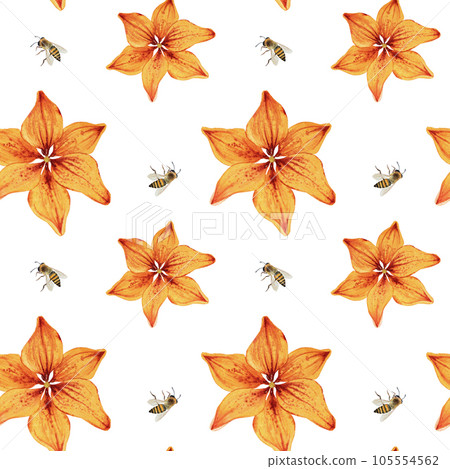Seamless pattern with lilies and bees. Watercolor hand drawn illustration 105554562