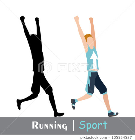 Running man and his silhouette. Active people, fitness, sports movement. Side view. Vector in flat design 105554587