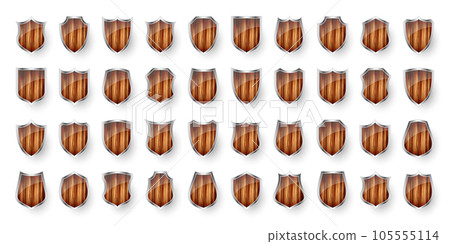 Set of wooden vintage shield icons. Black heraldic shields. Protection and security symbol, label. Vector illustration 105555114