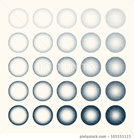 Round shaped dotted objects, vintage stipple elements. Fading gradient. Stippling, dotwork drawing, shading using dots. Halftone disintegration effect. White noise grainy texture. Vector illustration 105555115