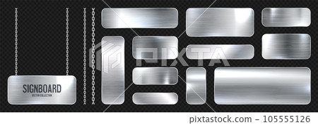 Metal banners hanging on a chain. Realistic shiny steel plate with screws. Polished silver metal surface. Vector illustration Metal banners hanging on a chain. Realistic shiny steel plate with screws. Polished silver metal surface. Vector illustration 105555126