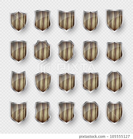 Set of wooden vintage shield icons. Black heraldic shields. Protection and security symbol, label. Vector illustration Set of wooden vintage shield icons. Black heraldic shields. Protection and security symbol, label. Vector illustration 105555127