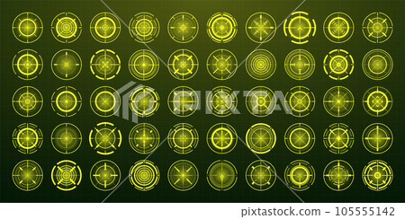 Crosshair, gun sight vector icons. Bullseye, black target or aim symbol. Military rifle scope, shooting mark sign. Targeting, aiming for a shot. Archery, hunting and sports shooting. Game UI element. Crosshair, gun sight vector icons. Bullseye, black target or aim symbol. Military rifle scope, shooting mark sign. Targeting, aiming for a shot. Archery, hunting and sports shooting. Game UI element. 105555142