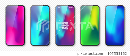 Smartphone with touch screen and abstract colorful background, wallpaper. Frameless mobile phone in front view. High quality detailed device mockup. Vector illustration Smartphone with touch screen and abstract colorful background, wallpaper. Frameless mobile phone in front view. High quality detailed device mockup. Vector illustration 105555162