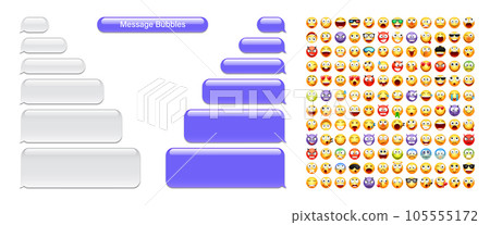 Blank message bubbles with emoji. Violet chat or messenger speech bubble. SMS text frame. Short message sending. Conversation screen. Social media application. Vector illustration 105555172