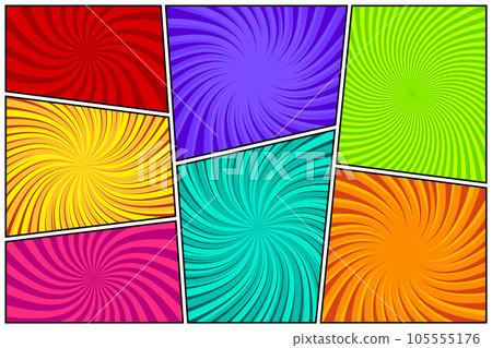Colorful twisted comic book radial rays, lines. Comics background with motion, speed lines. Pop art style elements. Vector illustration Colorful twisted comic book radial rays, lines. Comics background with motion, speed lines. Pop art style elements. Vector illustration 105555176