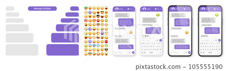 Smartphone messaging app, user interface design with emoji. SMS text frame. Chat screen with violet message bubbles. Texting app for communication. Social media application. Vector illustration 105555190