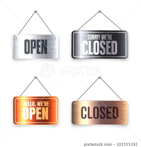 Brushed metal Open and Closed hanging signboards. Vintage door sign for cafe, restaurant, bar or retail store. Announcement banner, information signage for business or service. Vector illustration 105555191
