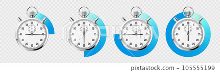 Realistic classic stopwatch. Shiny metal chronometer, time counter with dial. Blue countdown timer showing minutes and seconds. Time measurement for sport, start and finish. Vector illustration 105555199