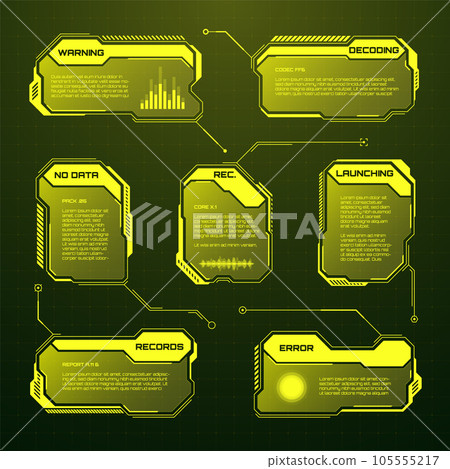 Yellow futuristic HUD, UI elements. Sci-fi user interface text boxes, callouts. Warning message frames, information boxes template. Modern game interface layout in digital style. Vector illustration 105555217
