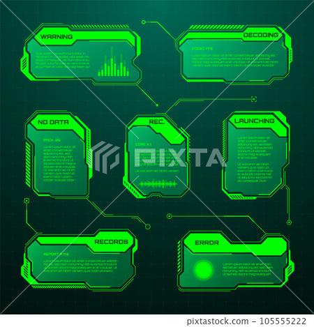 Green futuristic HUD, UI elements. Sci-fi user interface text boxes, callouts. Warning message frames, information boxes template. Modern game interface layout in digital style. Vector illustration Green futuristic HUD, UI elements. Sci-fi user interface text boxes, callouts. Warning message frames, information boxes template. Modern game interface layout in digital style. Vector illustration 105555222
