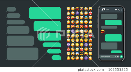 Smartphone messaging app, user interface with emoji. SMS text frame. Chat screen, green message bubbles. Texting app for communication. Social media application. Dark mode. Vector illustration 105555225